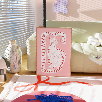 Whimsical Cat Wall Art – Pink Maximalist Animal Print