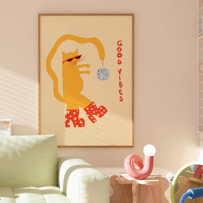 Disco Cat Wall Art – Funky Maximalist Animal Print