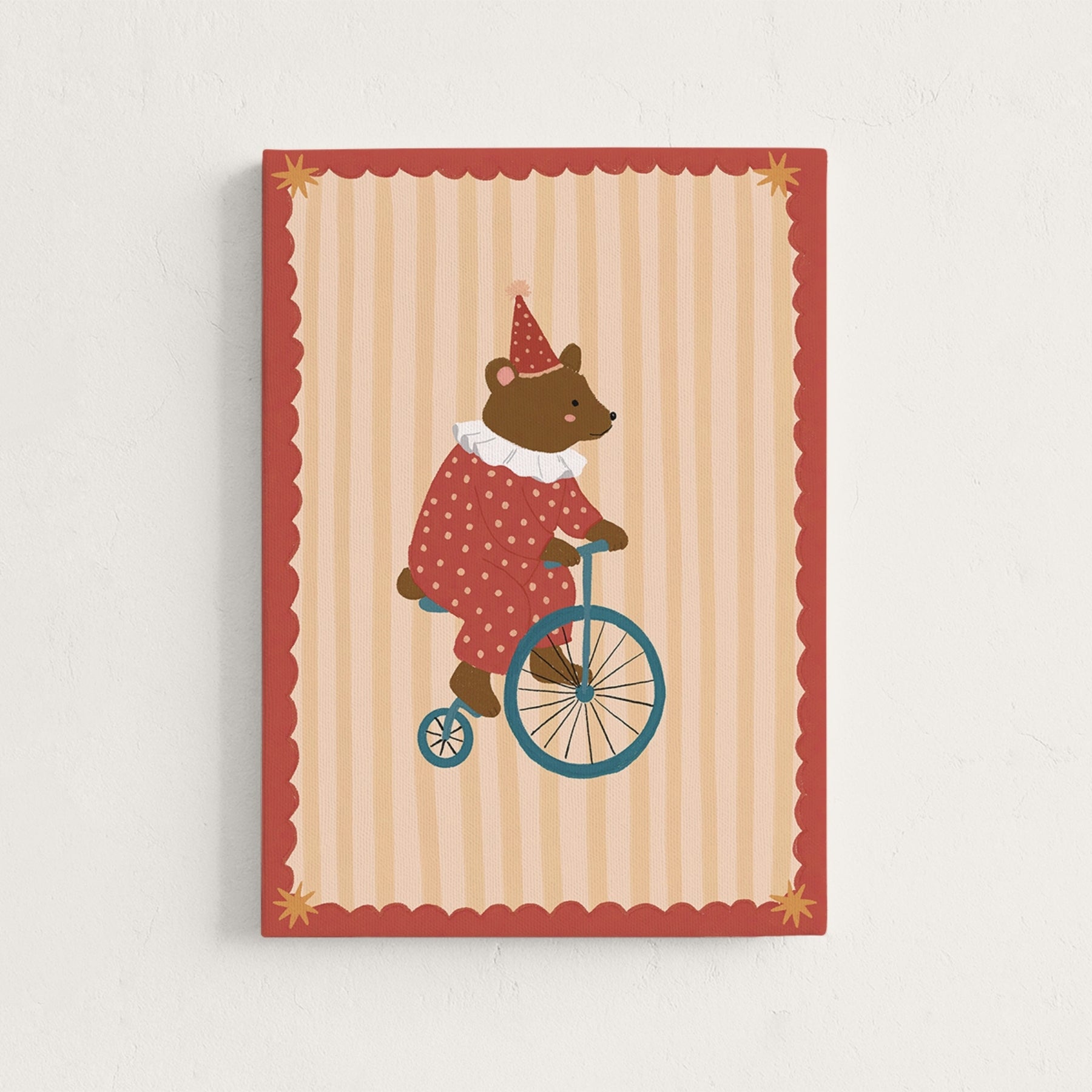 Tableau sur toile pour chambre d'enfant avec un ours de cirque et un vélo