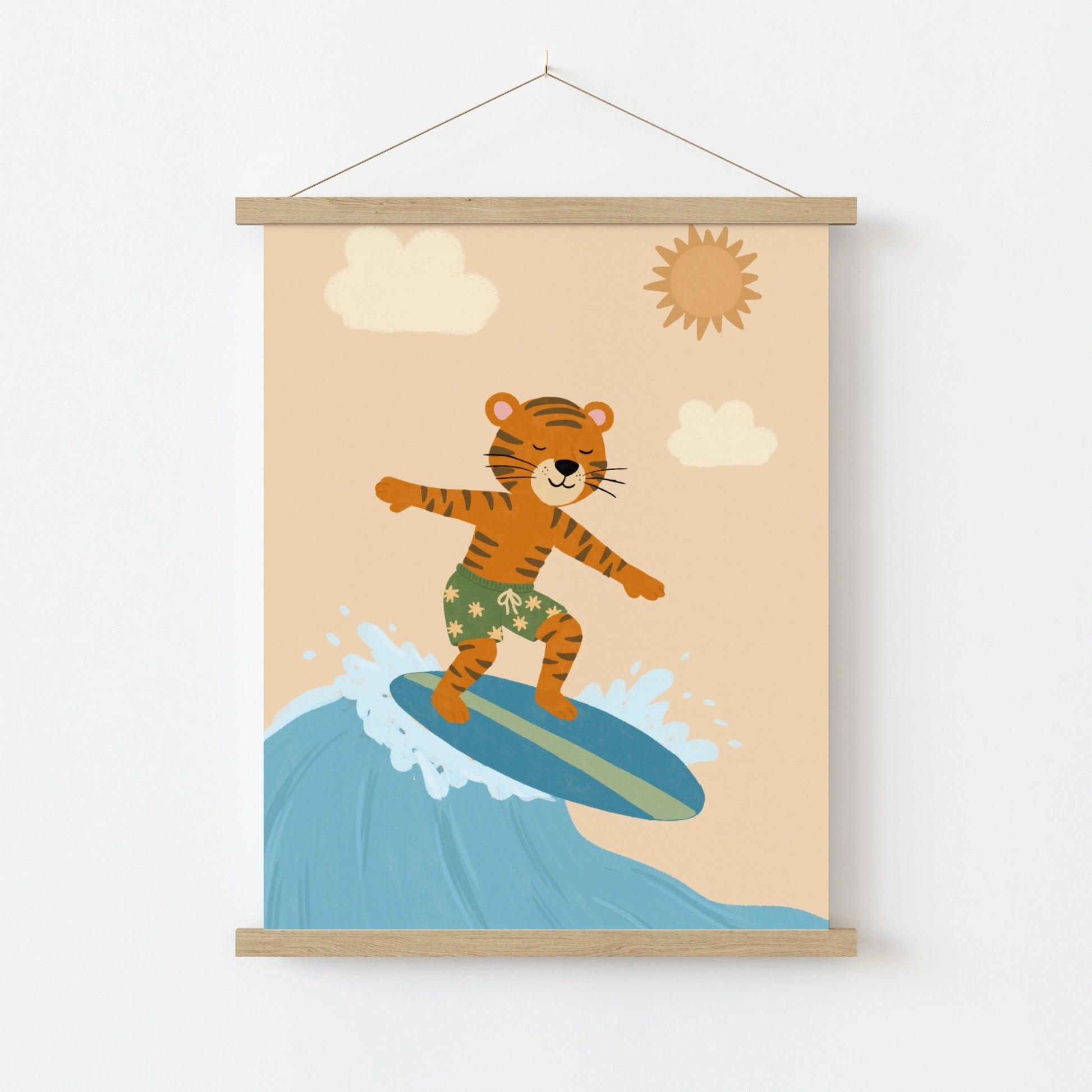 Lámina infantil de tigre surfista