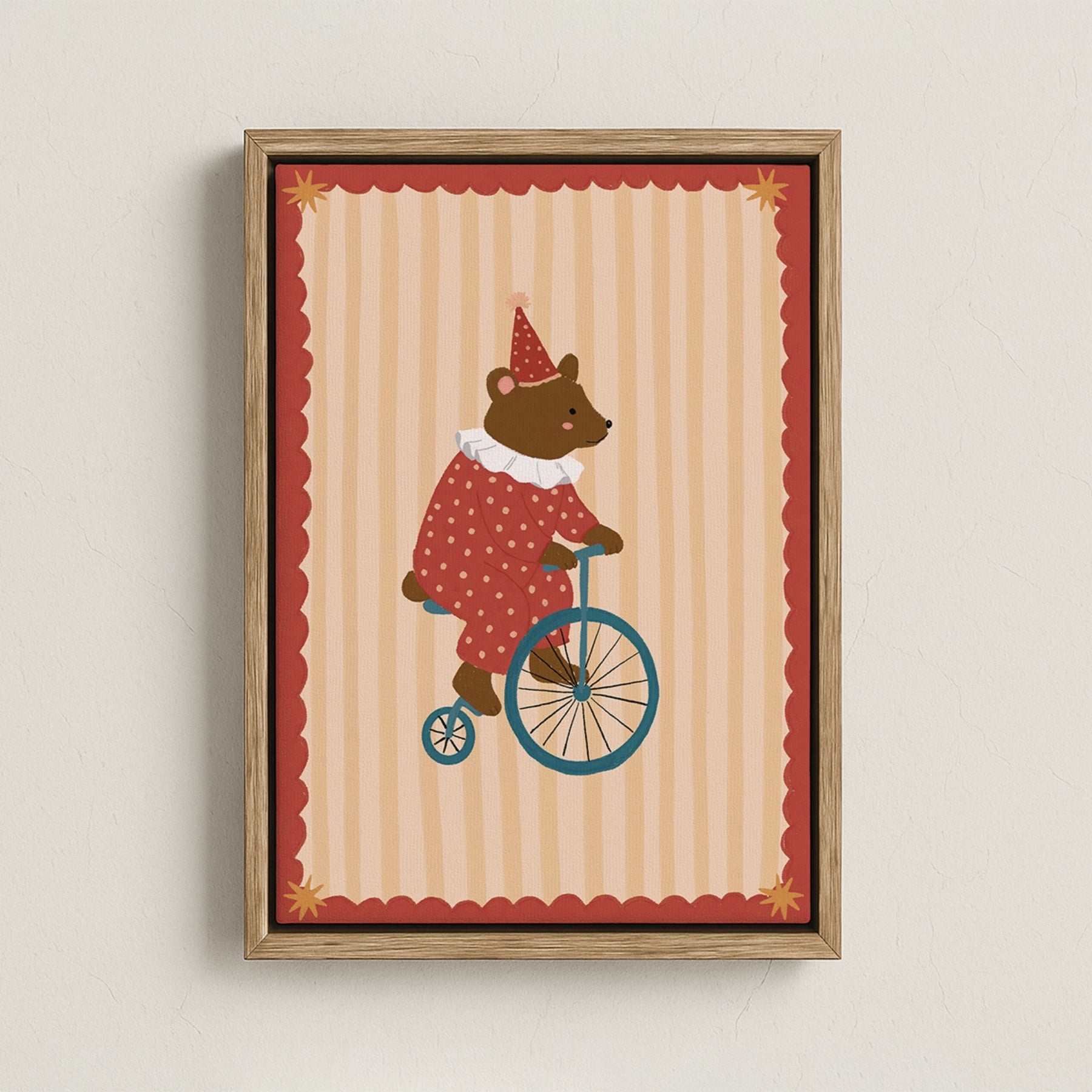 Tableau sur toile pour chambre d'enfant avec un ours de cirque et un vélo
