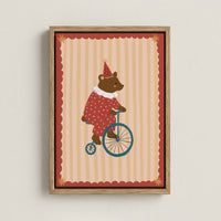 Tableau sur toile pour chambre d'enfant avec un ours de cirque et un vélo