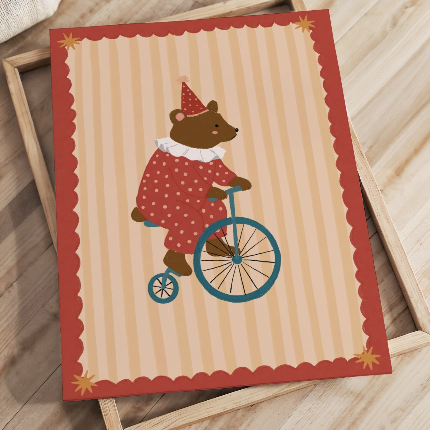 Tableau sur toile pour chambre d'enfant avec un ours de cirque et un vélo