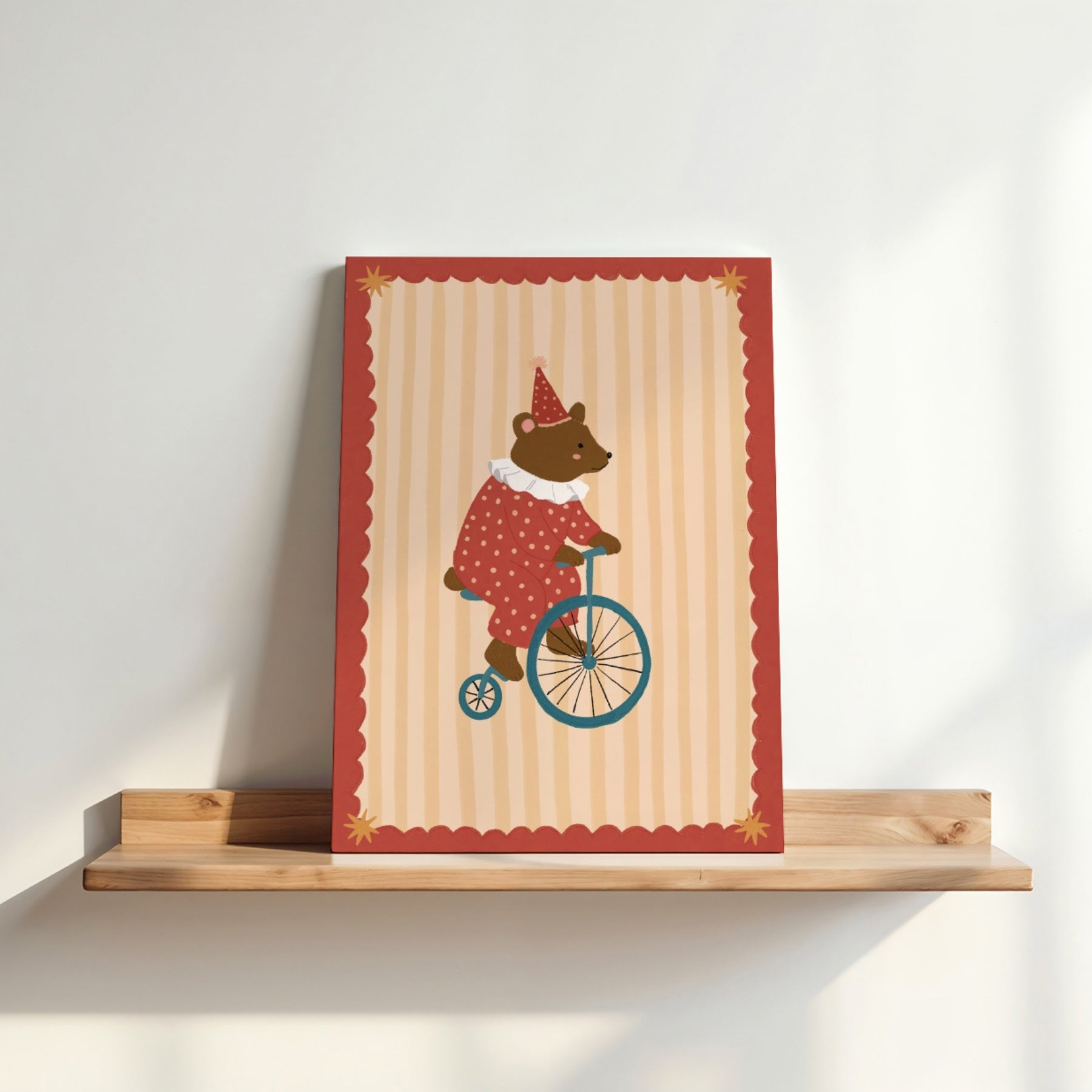 Tableau sur toile pour chambre d'enfant avec un ours de cirque et un vélo