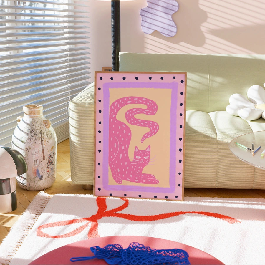 Pink Cat Wall Art – Maximalist Animal Poster