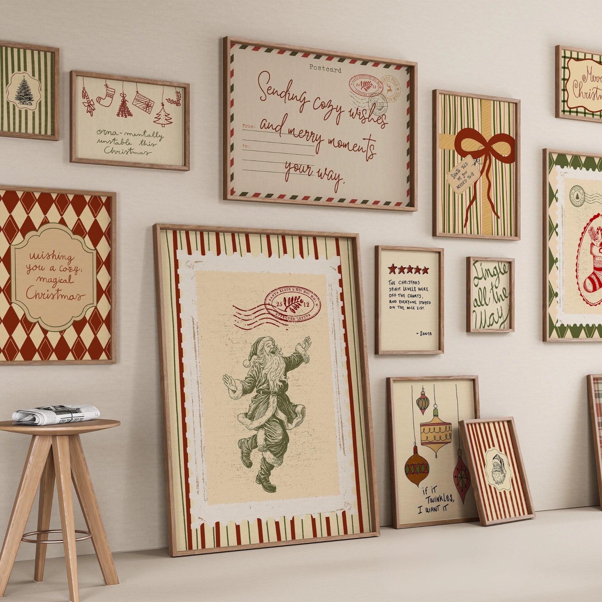 Set di 17 stampe natalizie disegnate a mano