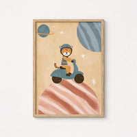 Tiger on Scooter Wall Art - Space Adventure Nursery Print, Boys Room Decor