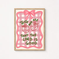 Arte murale cristiana "Assaggia e vedi" - Stampa di un grazioso versetto biblico con una fragola