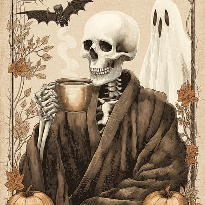 Skeleton Coffee Halloween Print – Vintage Spooky Wall Art