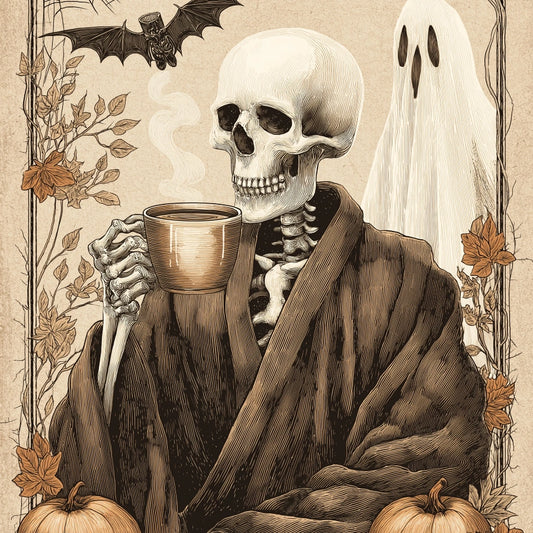 Skeleton Coffee Halloween Print – Vintage Spooky Wall Art