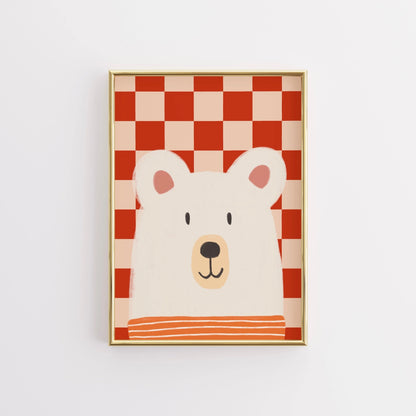 Bear Checkered Wall Art – Cute Nursery Print with Red Plaid Background
