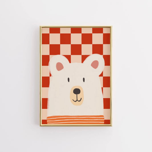 Bear Checkered Wall Art – Cute Nursery Print with Red Plaid Background