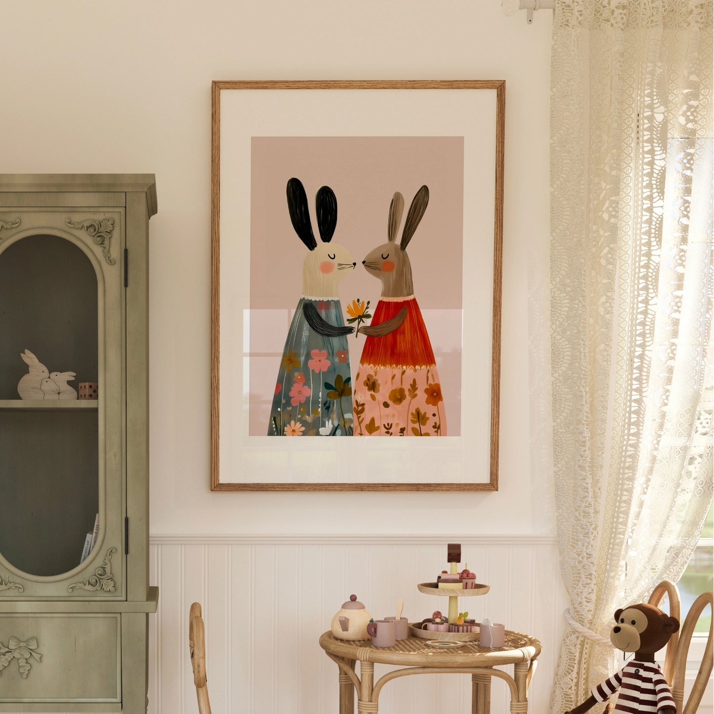 Bunny Friends Wall Art – Whimsical Rabbit Nursery Print in Floral Dresses