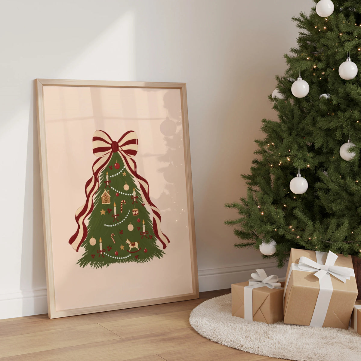 Vintage Christmas Tree with Striped Bow – Poster di Natale