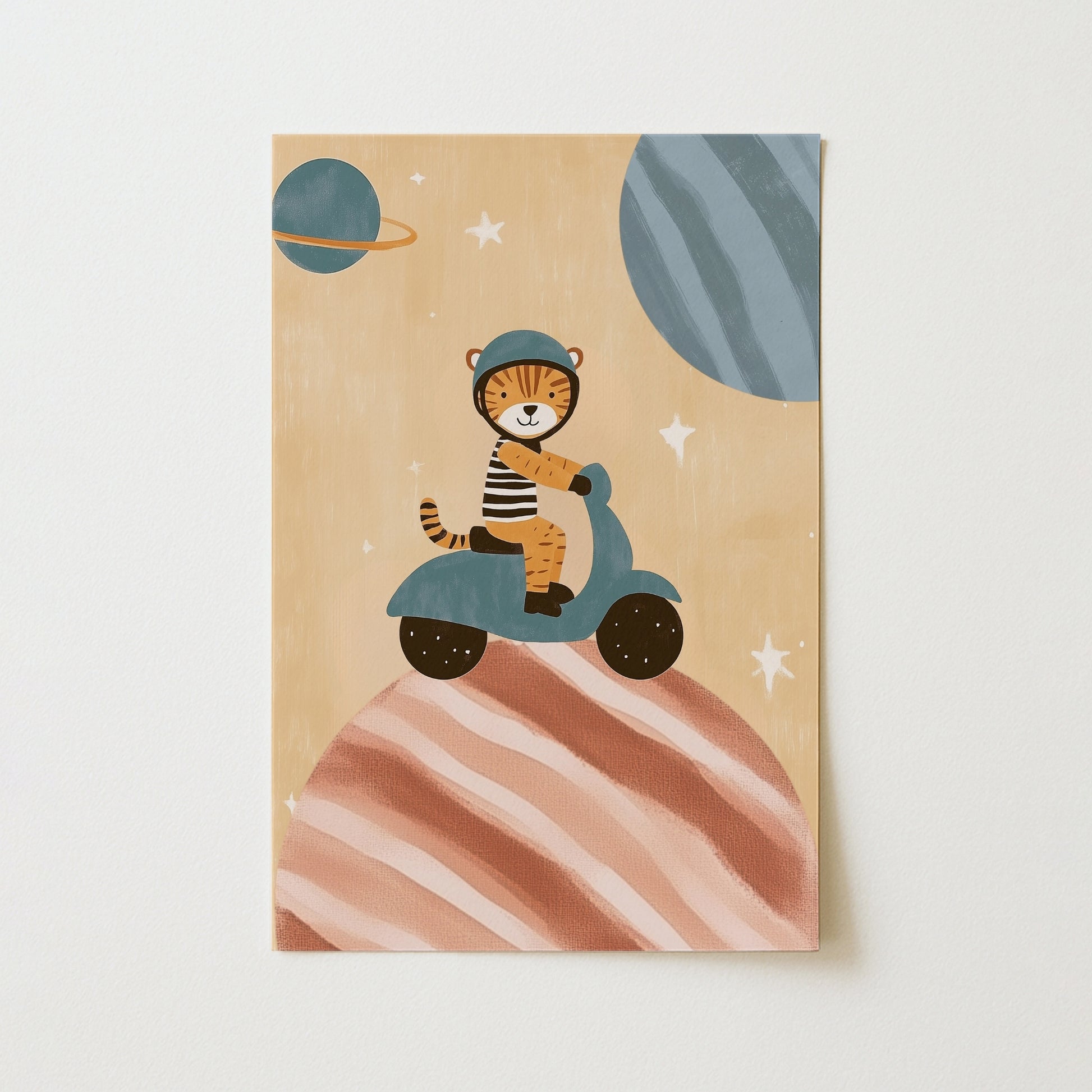Tiger on Scooter Wall Art - Space Adventure Nursery Print, Boys Room Decor