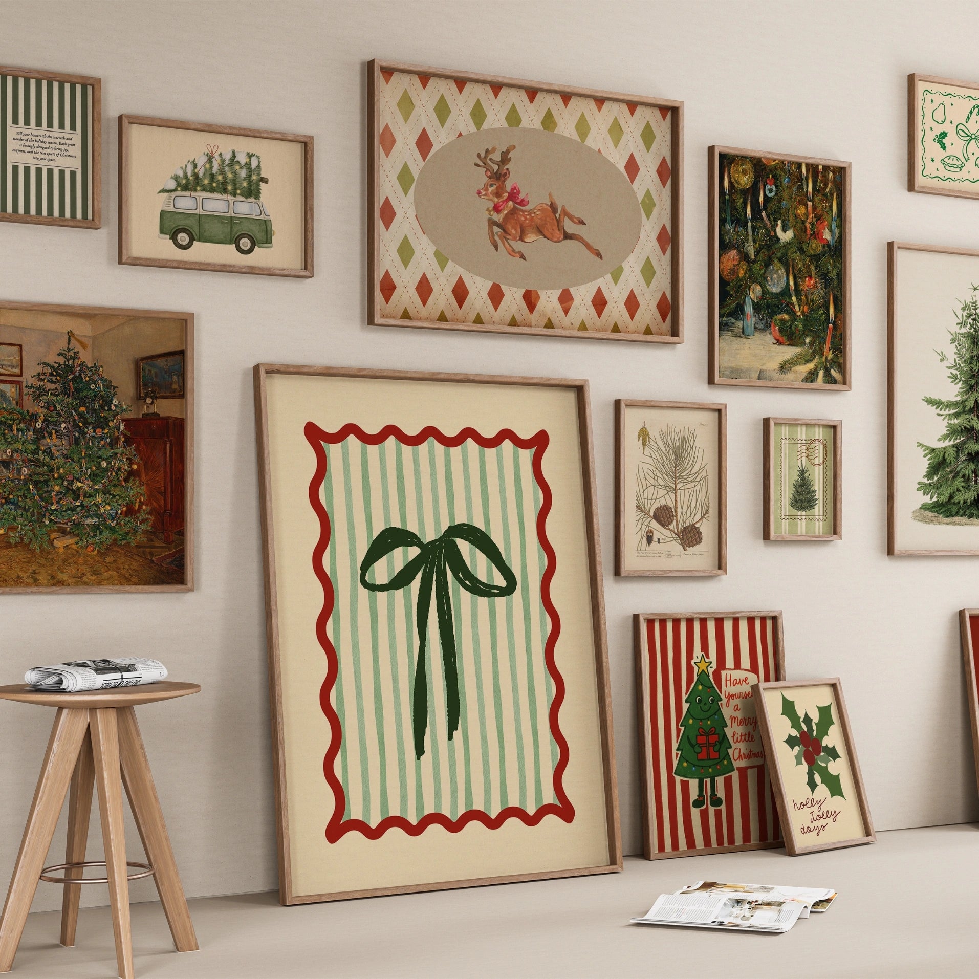 Set di 18 stampe natalizie vintage disegnate a mano