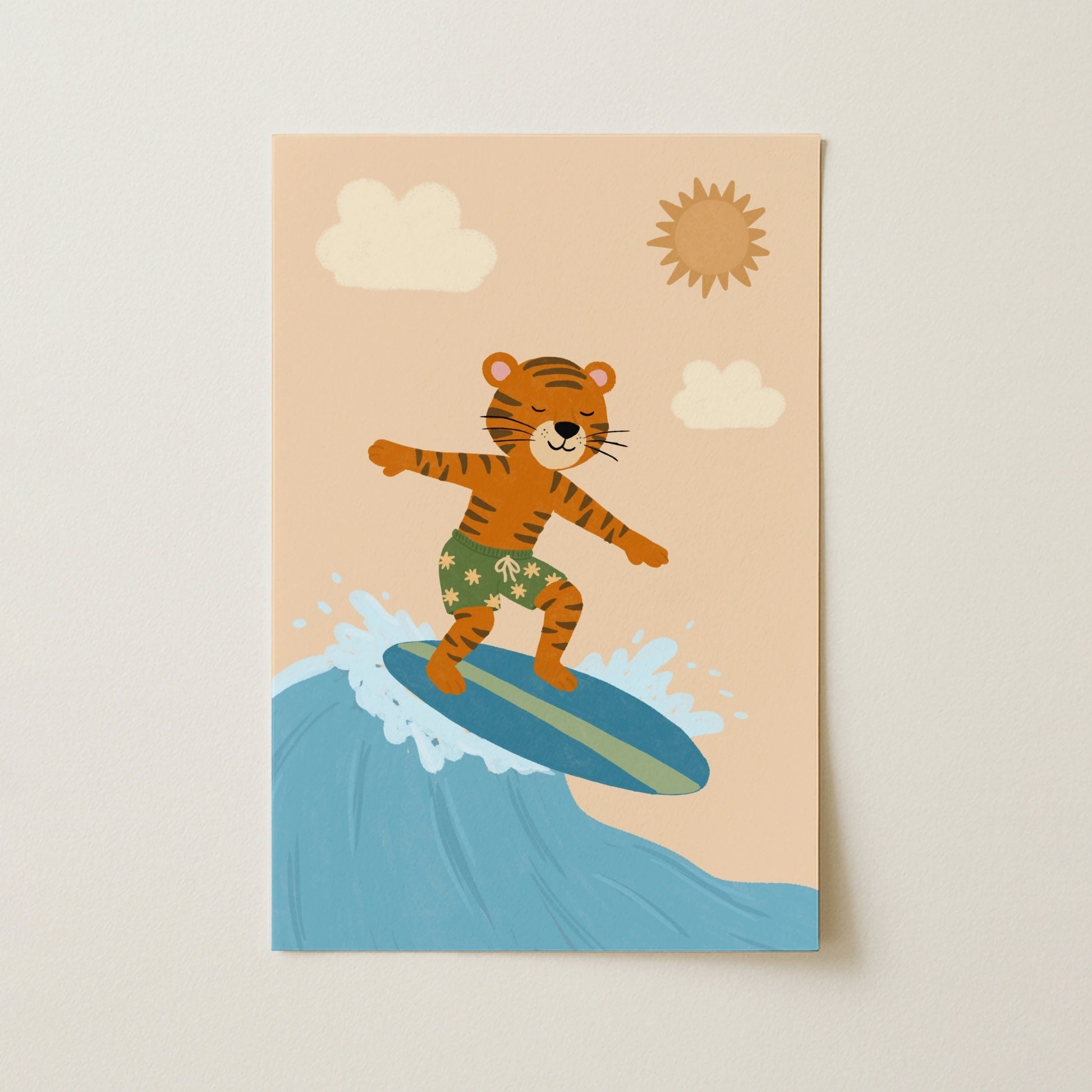 Lámina infantil de tigre surfista