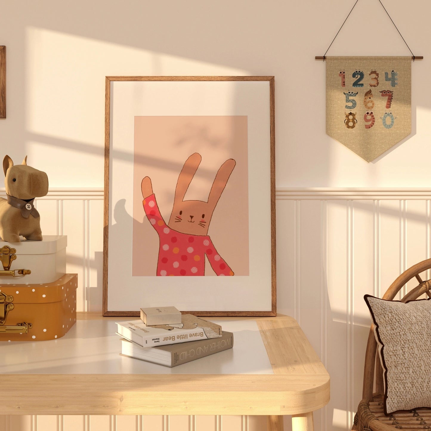 Bunny in Polka Dots Wall Art – Cute Rabbit Nursery Poster