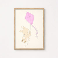 Flying Bunny Wall Art - Pink Kite Rabbit Print for Girls, Girls Room Decor