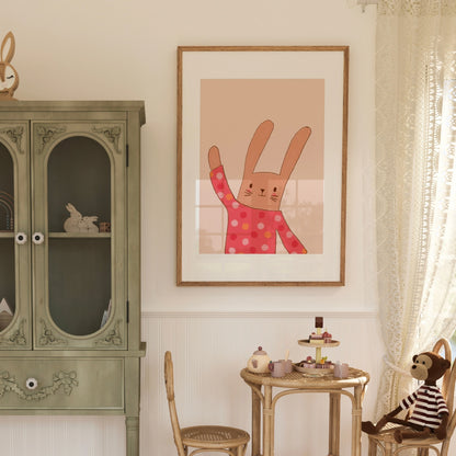 Bunny in Polka Dots Wall Art – Cute Rabbit Nursery Poster