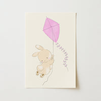 Flying Bunny Wall Art - Pink Kite Rabbit Print for Girls, Girls Room Decor