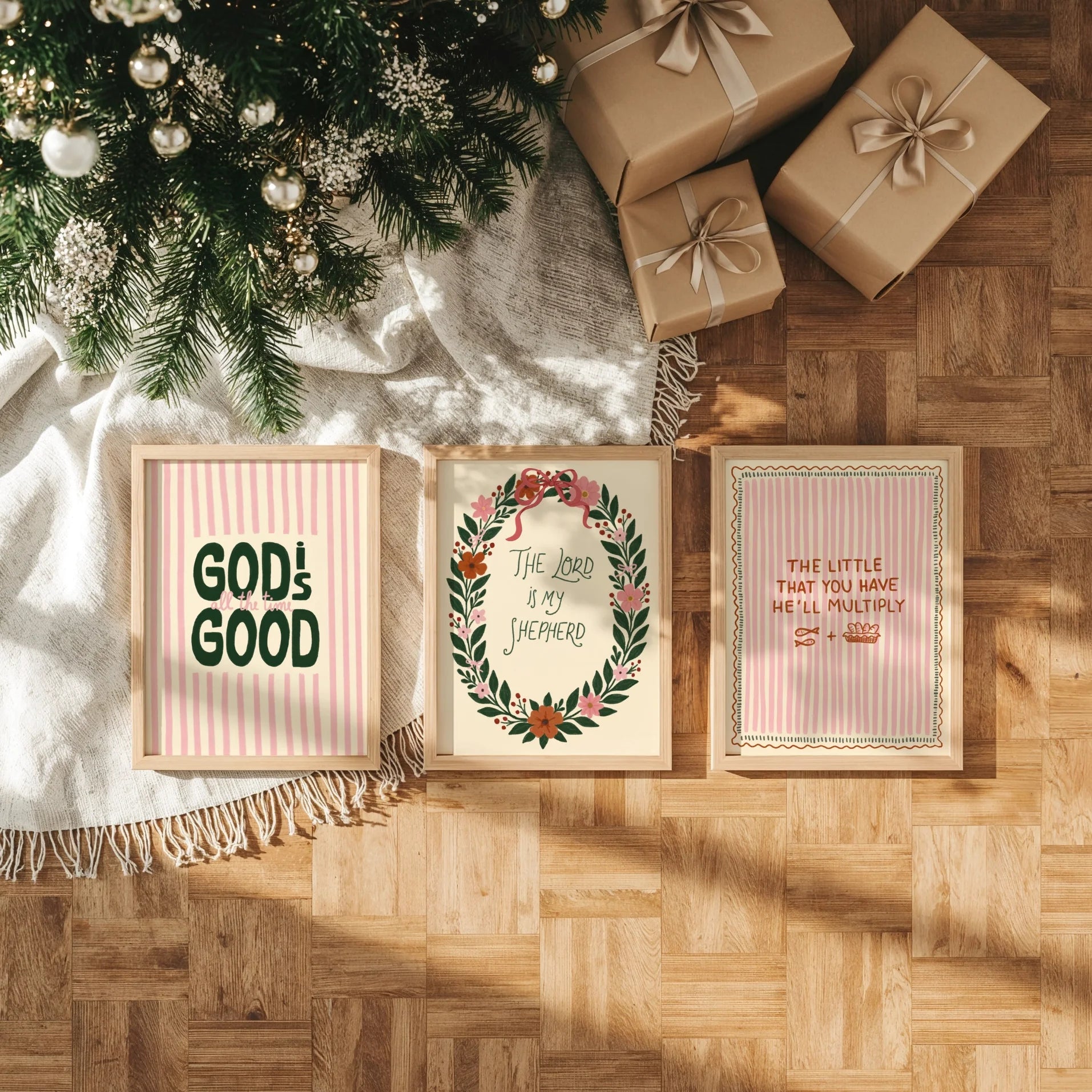 Frases de fe cristiana y motivos florales – Set de 3 pósters navideños