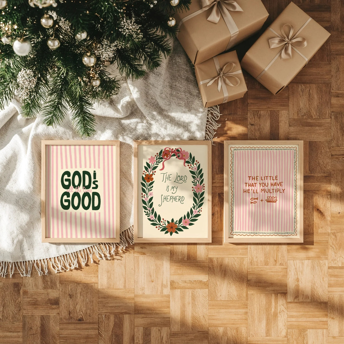 Frases de fe cristiana y motivos florales – Set de 3 pósters navideños