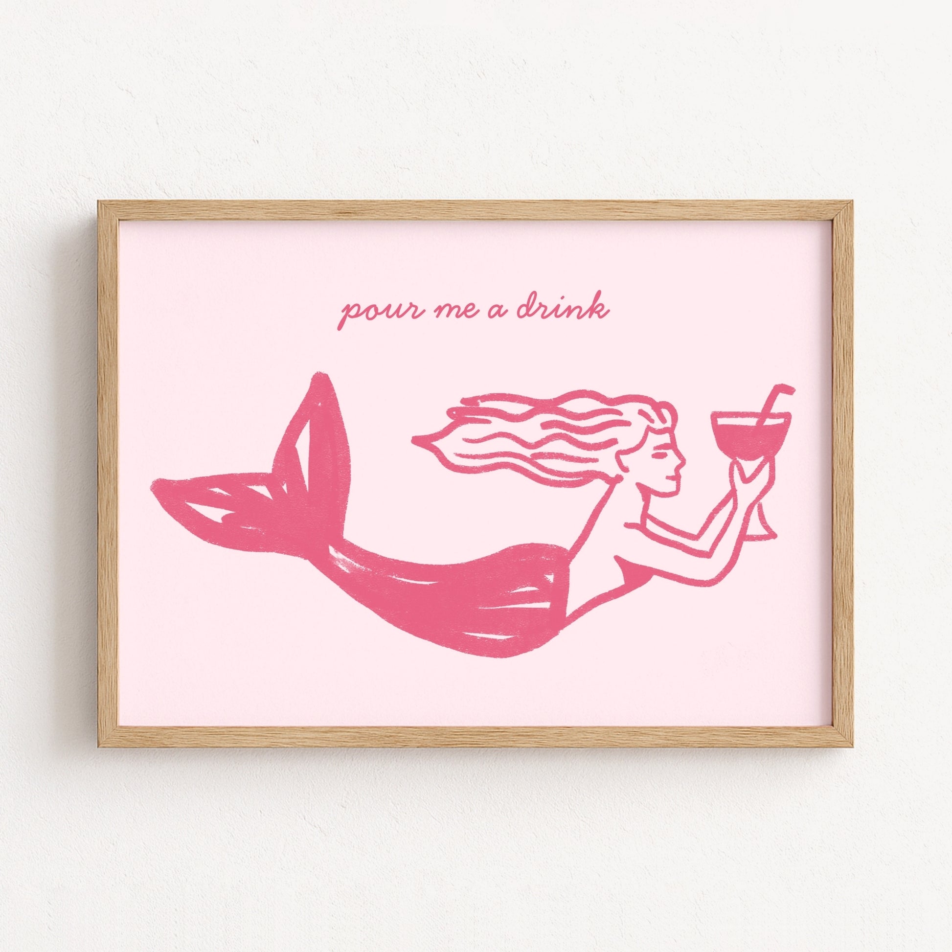 Pour Me a Drink Mermaid Print – Pink Coastal Wall Art