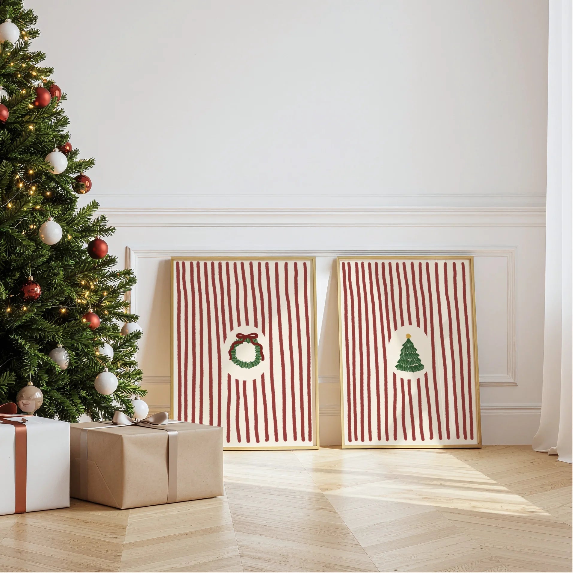 Rayures de Noël et feuillage festif vintage – Lot de 2 affiches de Noël