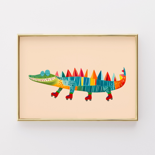 Roller Skating Crocodile Print – Colorful Animal Wall Art for Kids