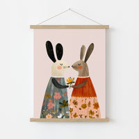 Bunny Friends Wall Art – Whimsical Rabbit Nursery Print in Floral Dresses