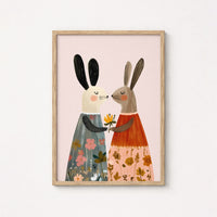 Bunny Friends Wall Art – Whimsical Rabbit Nursery Print in Floral Dresses