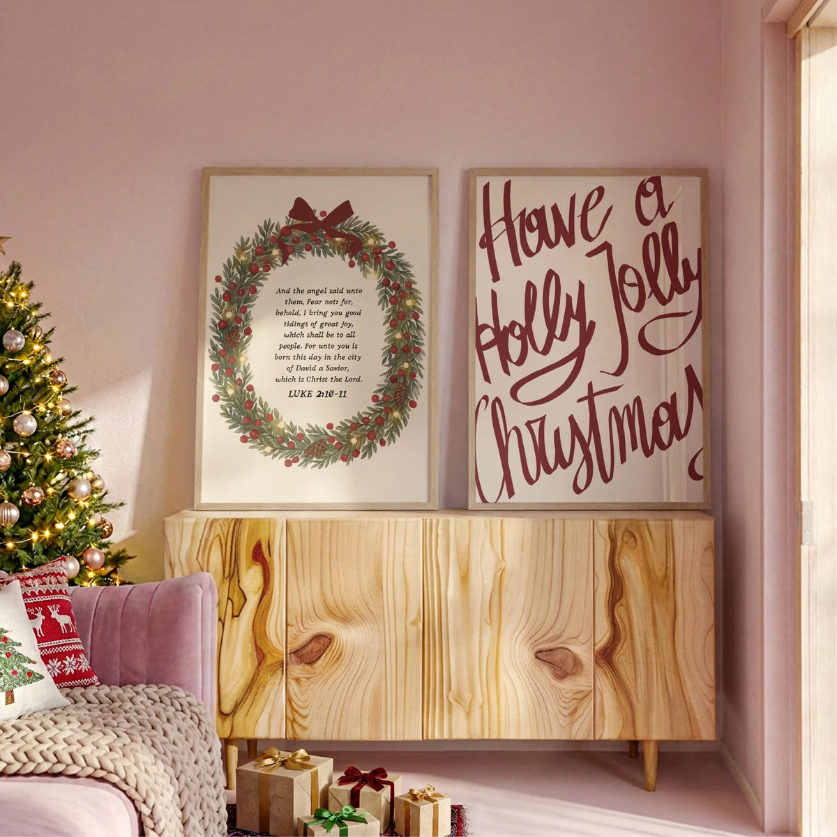 Corona navideña tradicional y frases Holly Jolly – Set de 2 pósters navideños