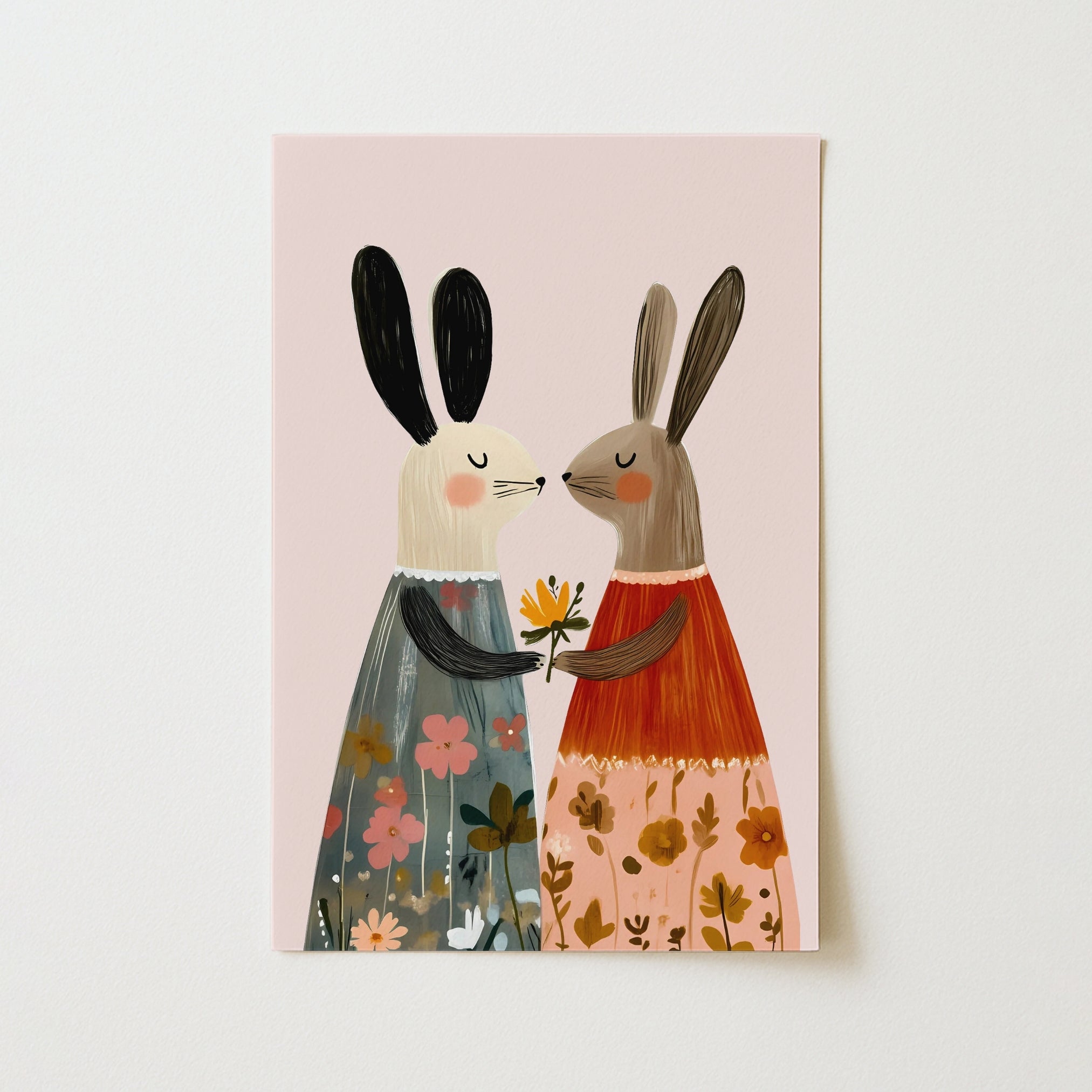 Bunny Friends Wall Art – Whimsical Rabbit Nursery Print in Floral Dresses