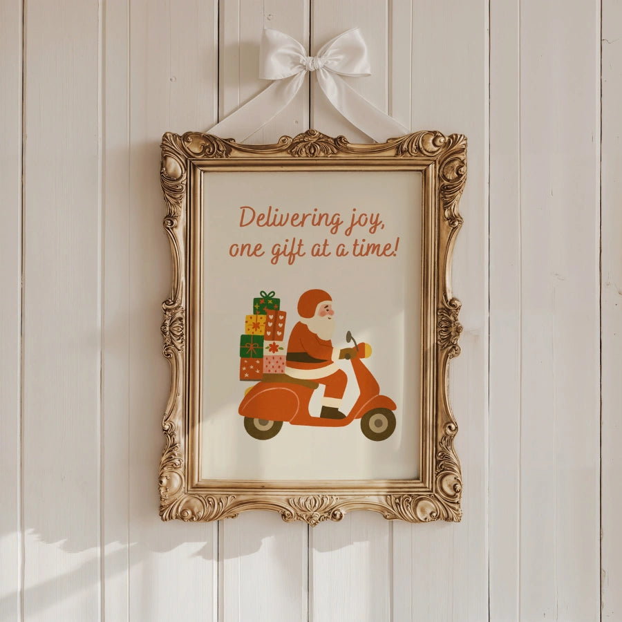 Santa on Scooter Wall Art – Funny Christmas Delivery Print