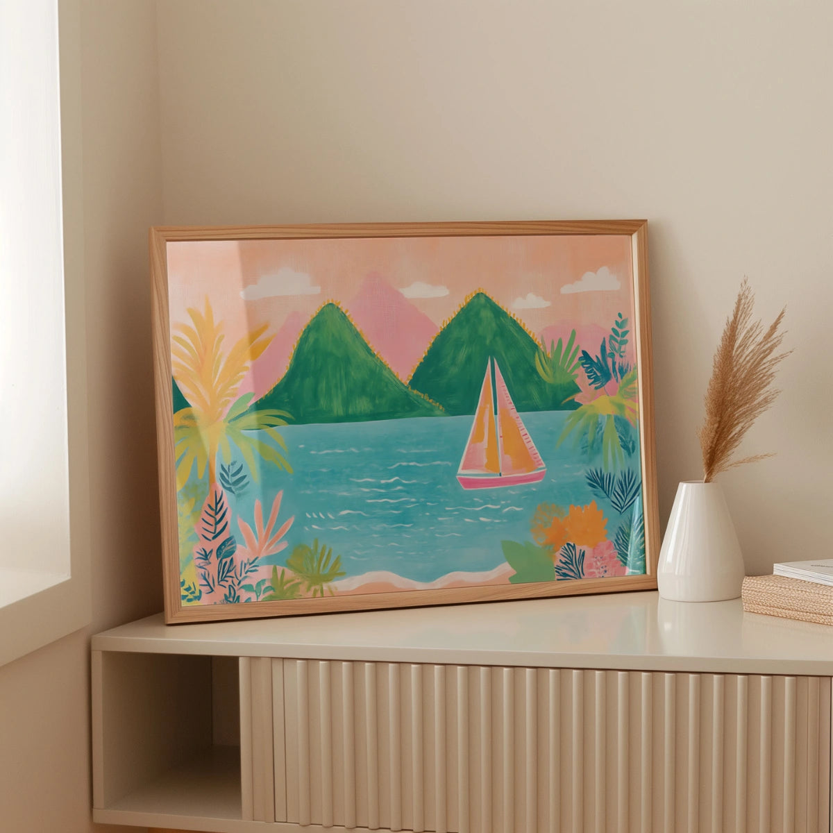 Colorful Tropical Sailboat Wall Art – Vibrant Coastal Beach Print