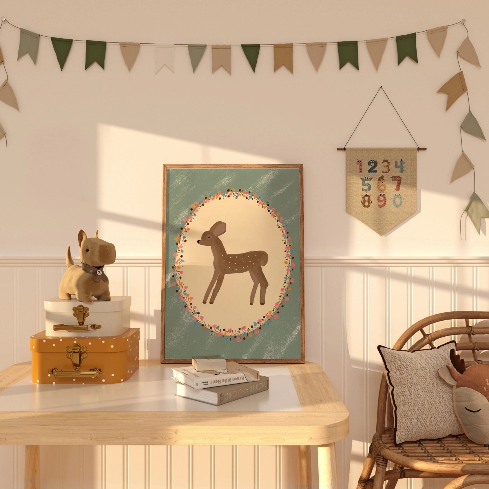 Stampa vintage per cameretta dei bambini con cerbiatto