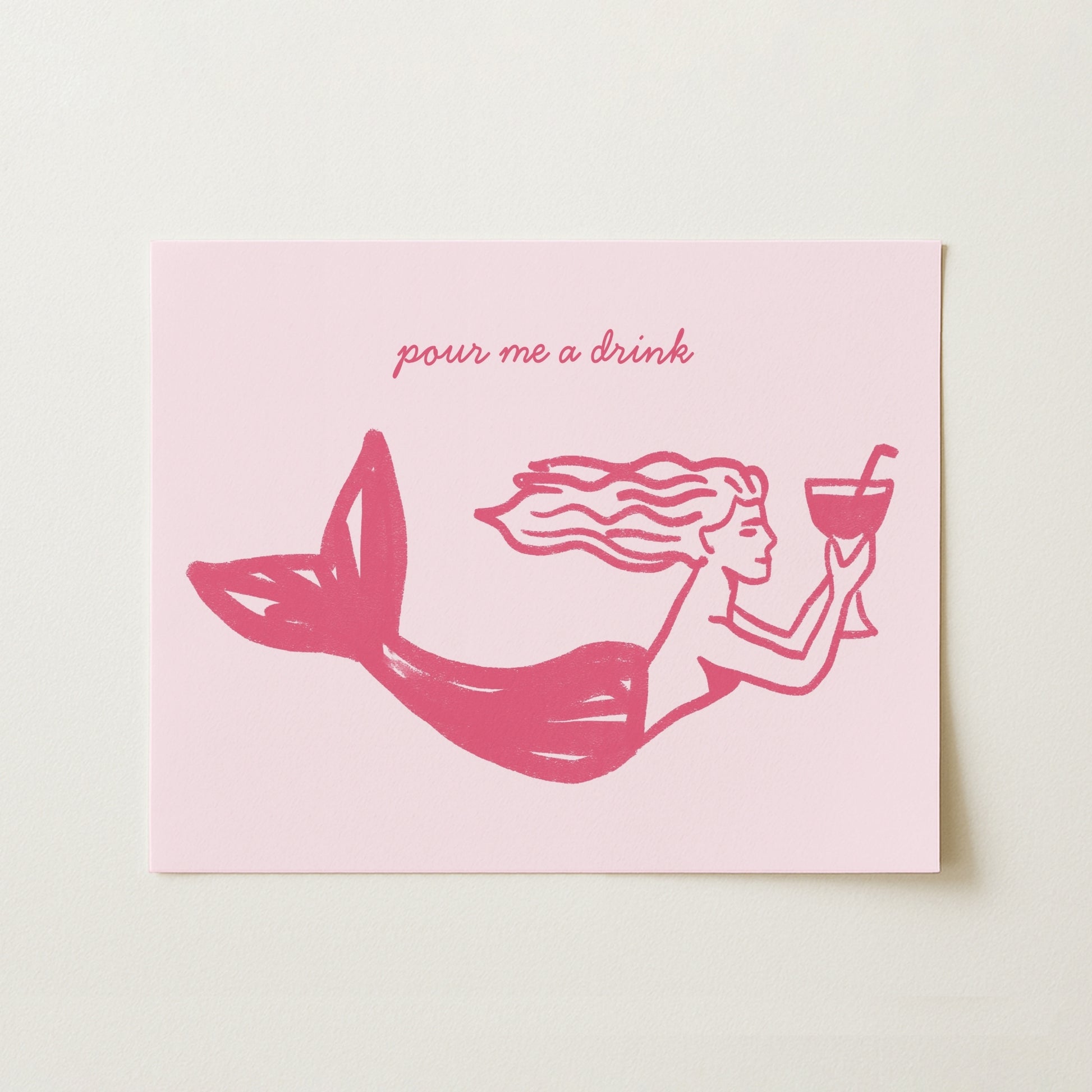 Pour Me a Drink Mermaid Print – Pink Coastal Wall Art
