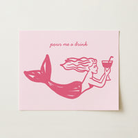 Pour Me a Drink Mermaid Print – Pink Coastal Wall Art