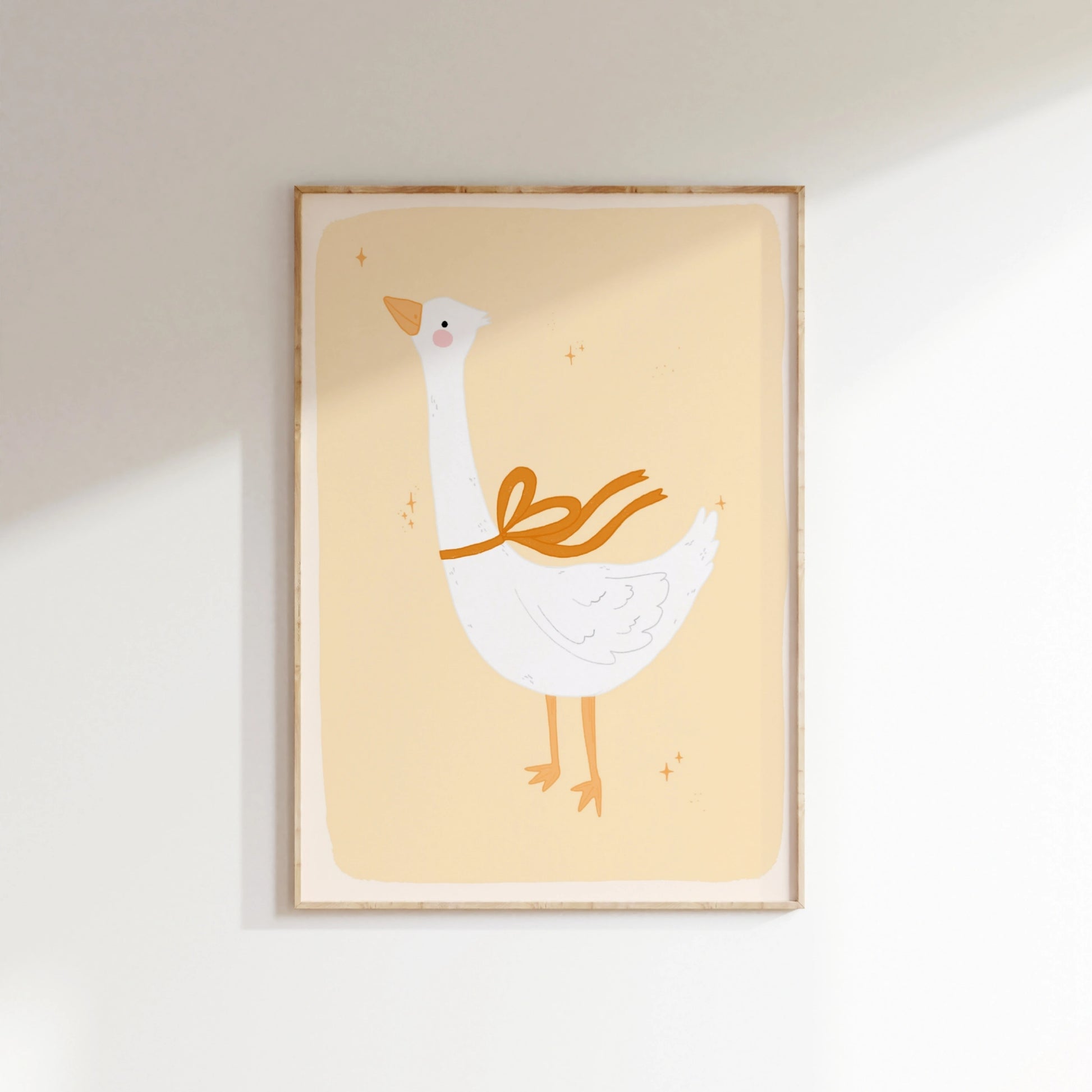 Goose Wall Art with Orange Bow - Whimsical Animal Print for Kids Room, Vintage Nursery Decor