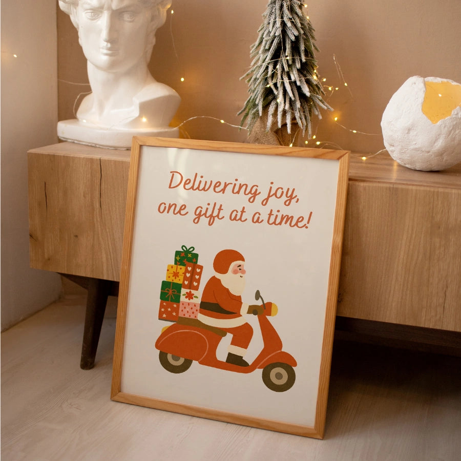 Santa on Scooter Wall Art – Funny Christmas Delivery Print