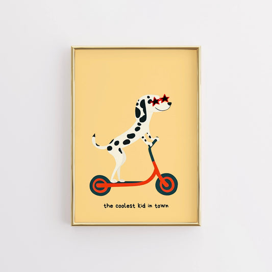 Coolest Kid in Town Dalmatian Print – Funny Dog Scooter Wall Art