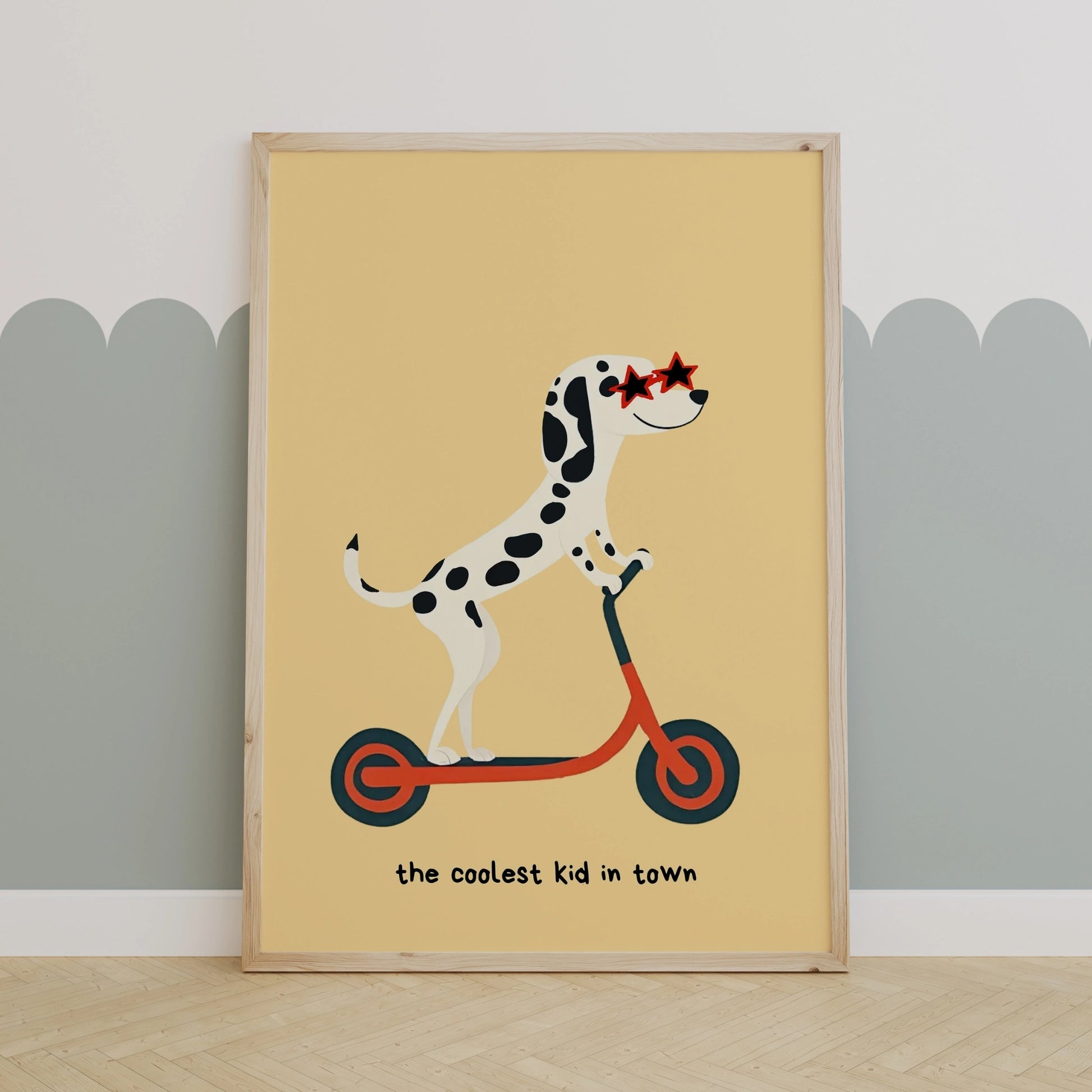 Coolest Kid in Town Dalmatian Print – Funny Dog Scooter Wall Art
