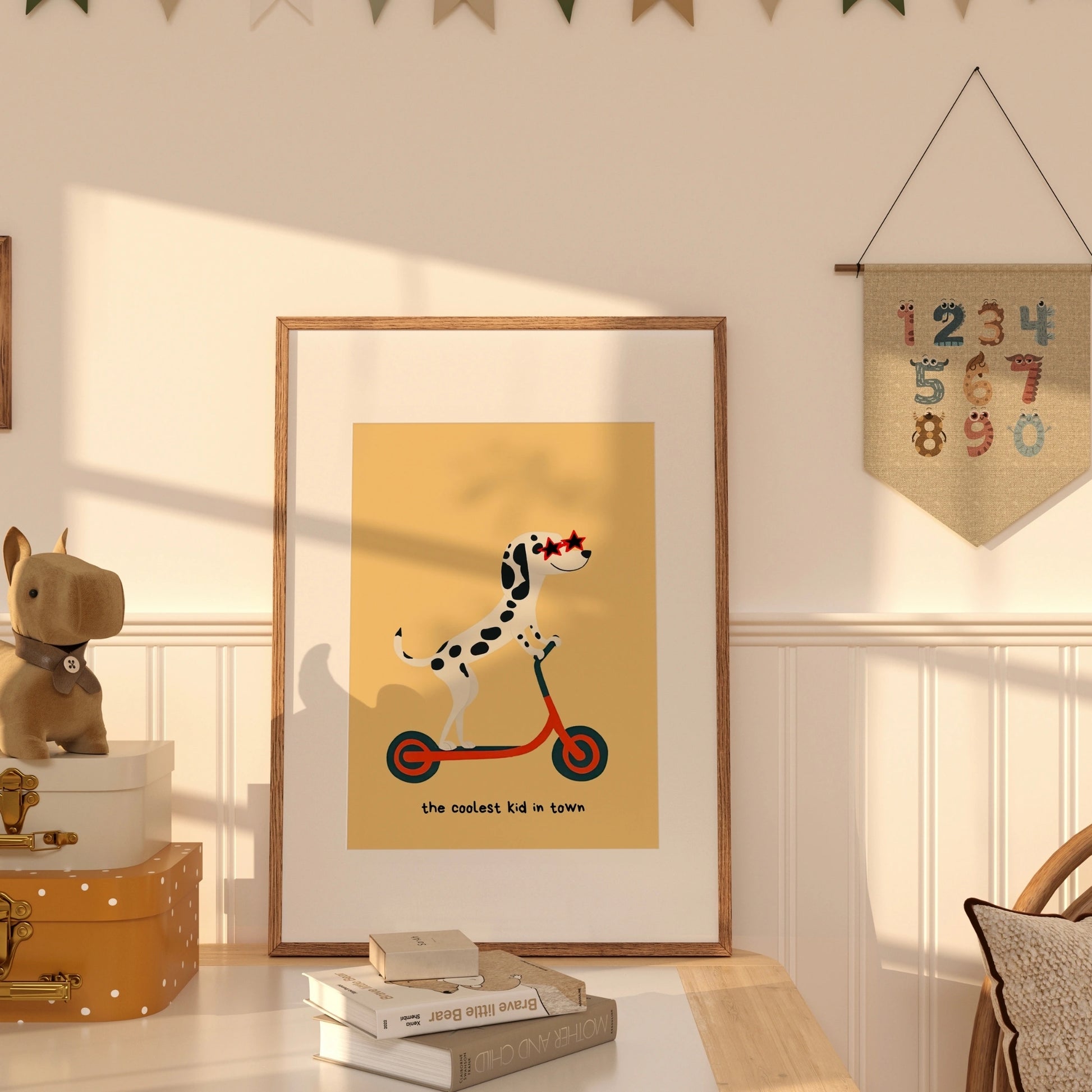 Coolest Kid in Town Dalmatian Print – Funny Dog Scooter Wall Art