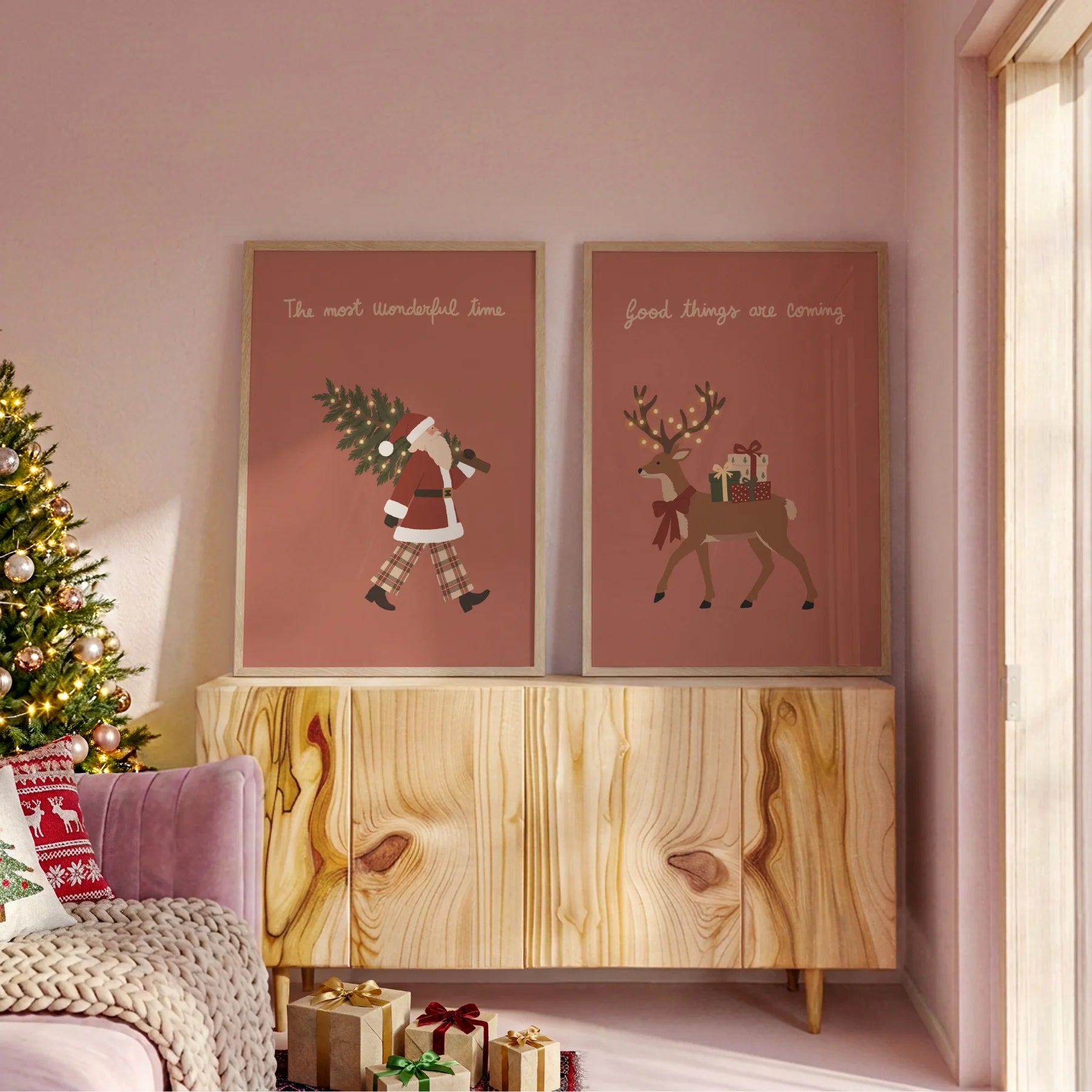 Babbo Natale e renna – Set di 2 poster natalizi