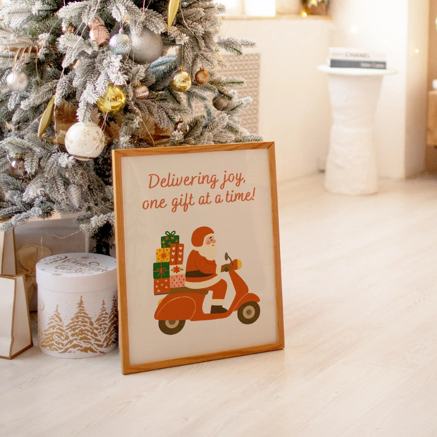 Santa on Scooter Wall Art – Funny Christmas Delivery Print