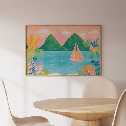 Colorful Tropical Sailboat Wall Art – Vibrant Coastal Beach Print