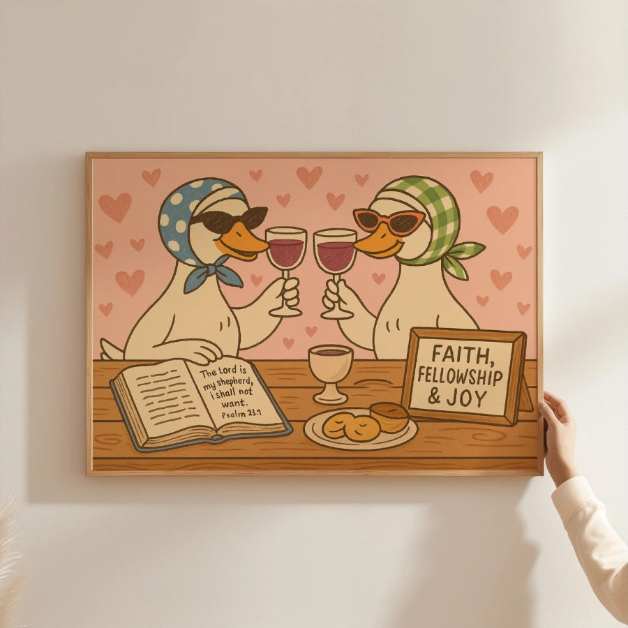 Biblical Ducks Drinking Wine Wall Art – Funny Christian Print