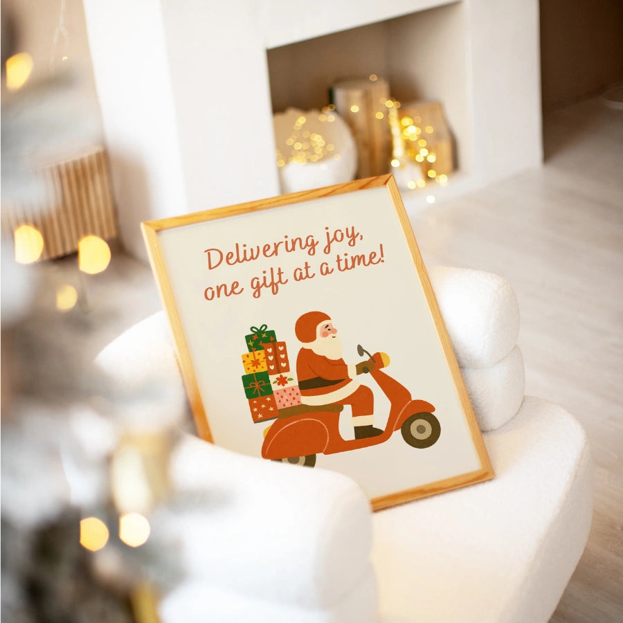 Santa on Scooter Wall Art – Funny Christmas Delivery Print