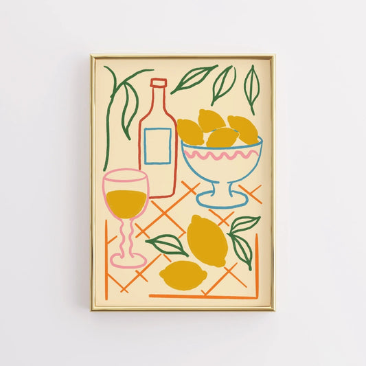 Lemon Still Life Boho Wall Art – Mediterranean Table Scene